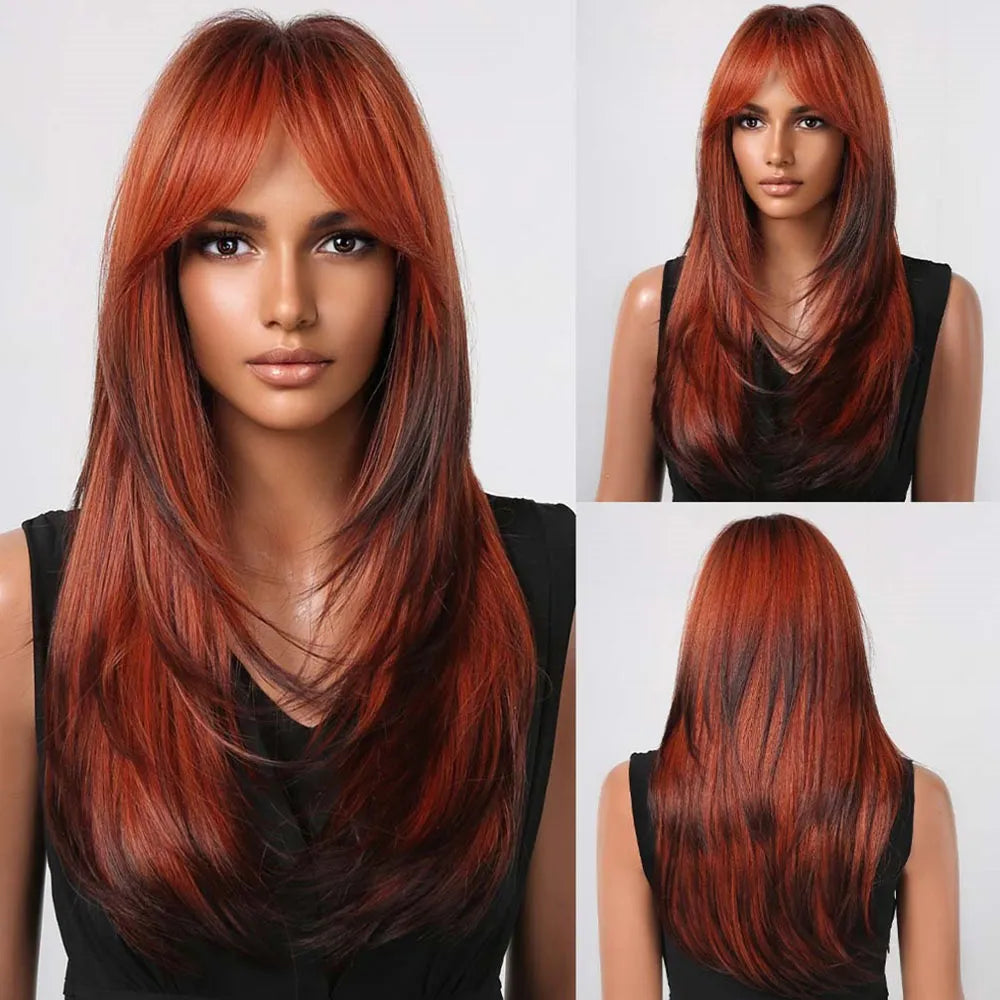 Ombre Red to Black Synthetic Wigs with Bangs Long Straight Layered Wig Colored Party Heat Resistant Hair for Women