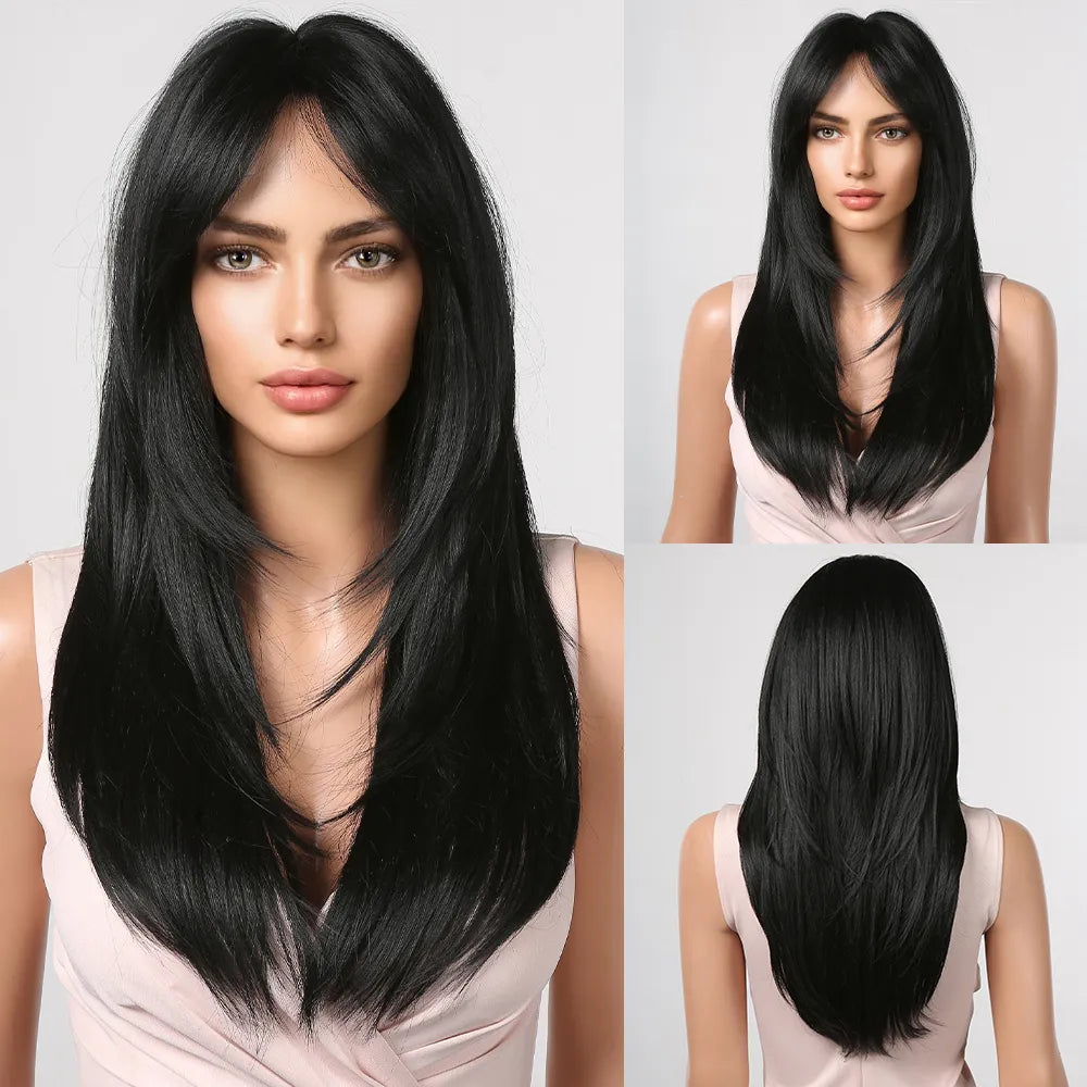 Ombre Red to Black Synthetic Wigs with Bangs Long Straight Layered Wig Colored Party Heat Resistant Hair for Women