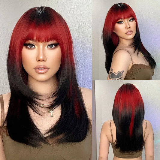 Ombre Red to Black Synthetic Wigs with Bangs Long Straight Layered Wig Colored Party Heat Resistant Hair for Women