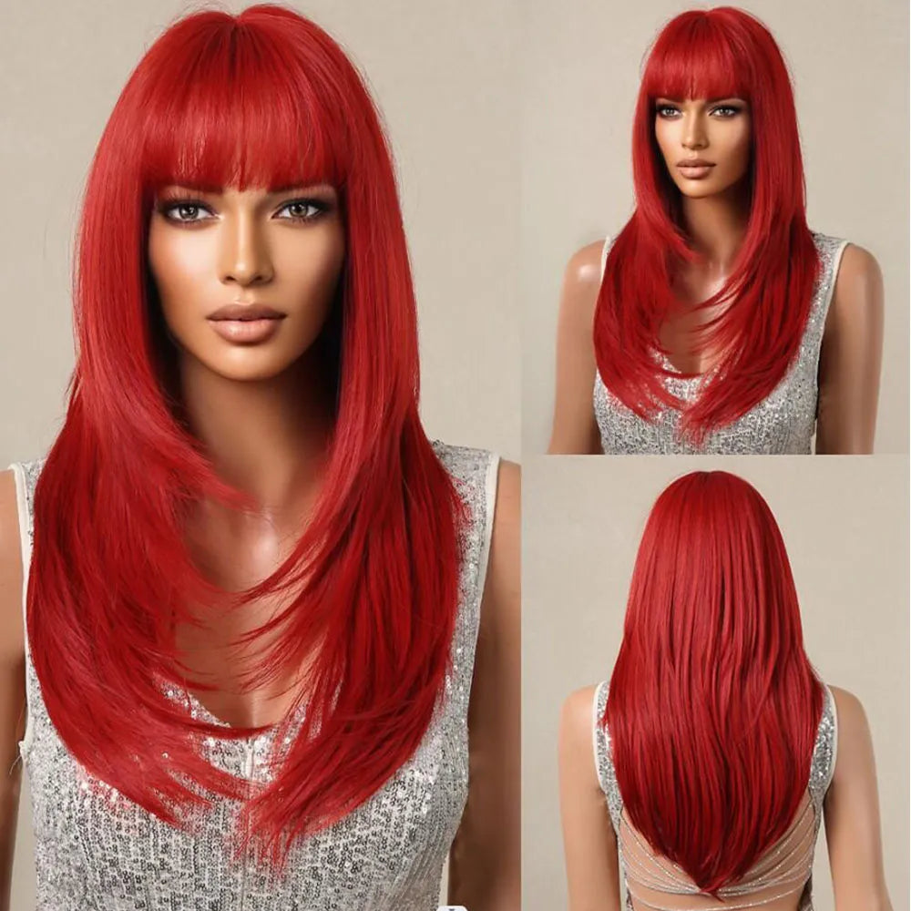 Ombre Red to Black Synthetic Wigs with Bangs Long Straight Layered Wig Colored Party Heat Resistant Hair for Women