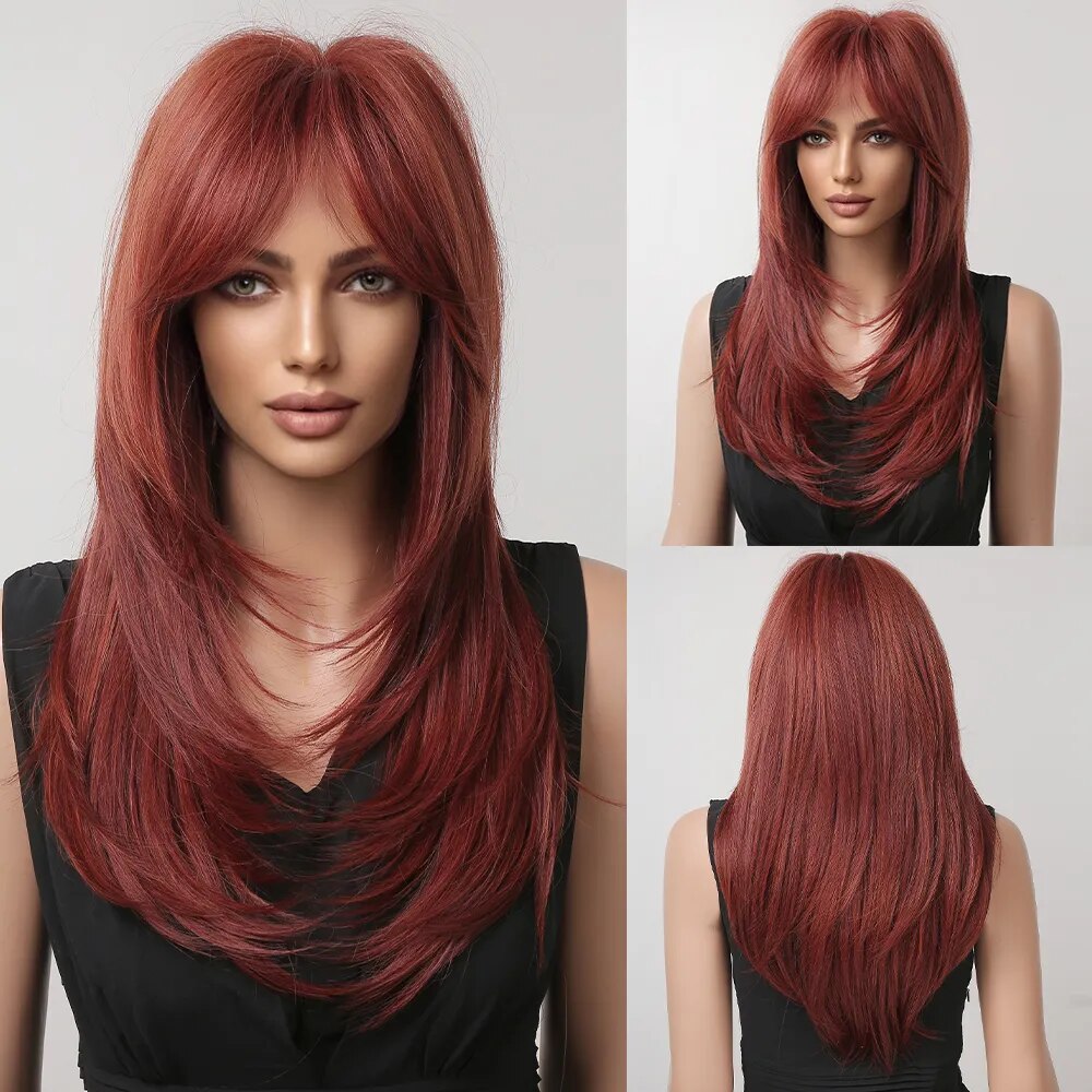 Ombre Red to Black Synthetic Wigs with Bangs Long Straight Layered Wig Colored Party Heat Resistant Hair for Women