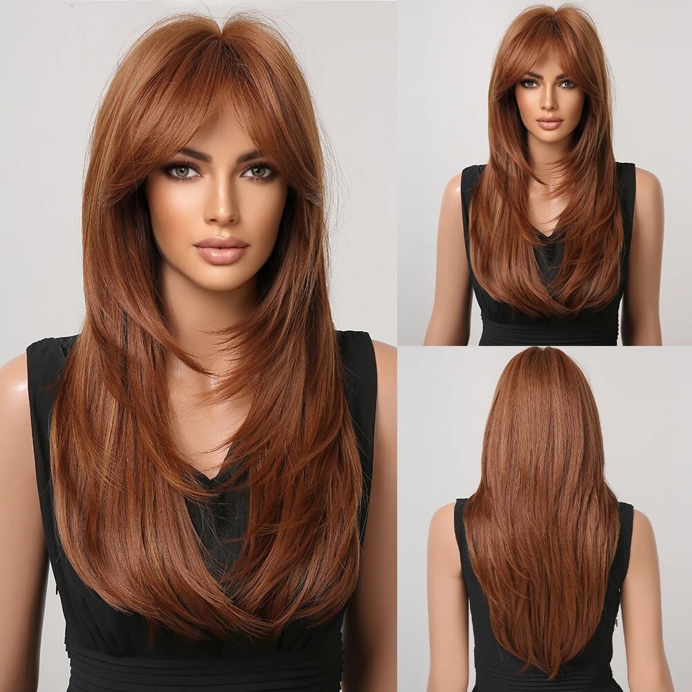 Ombre Red to Black Synthetic Wigs with Bangs Long Straight Layered Wig Colored Party Heat Resistant Hair for Women