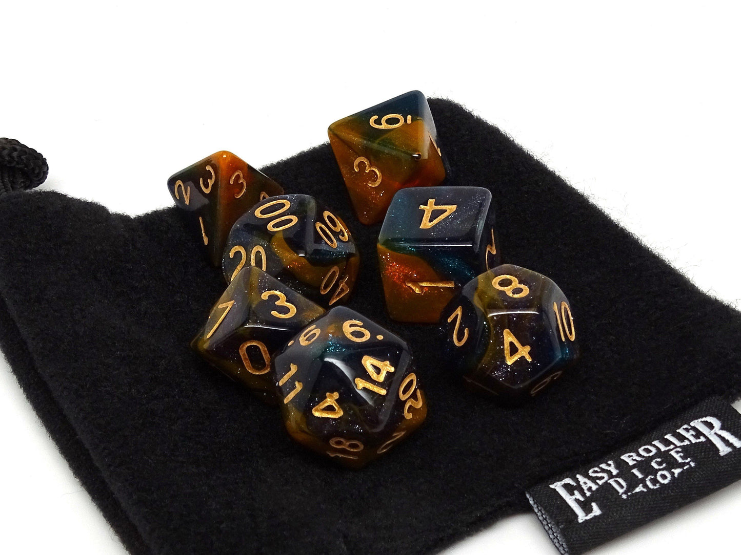 Orange and Blue Marble Dice Collection - 7 Piece Set