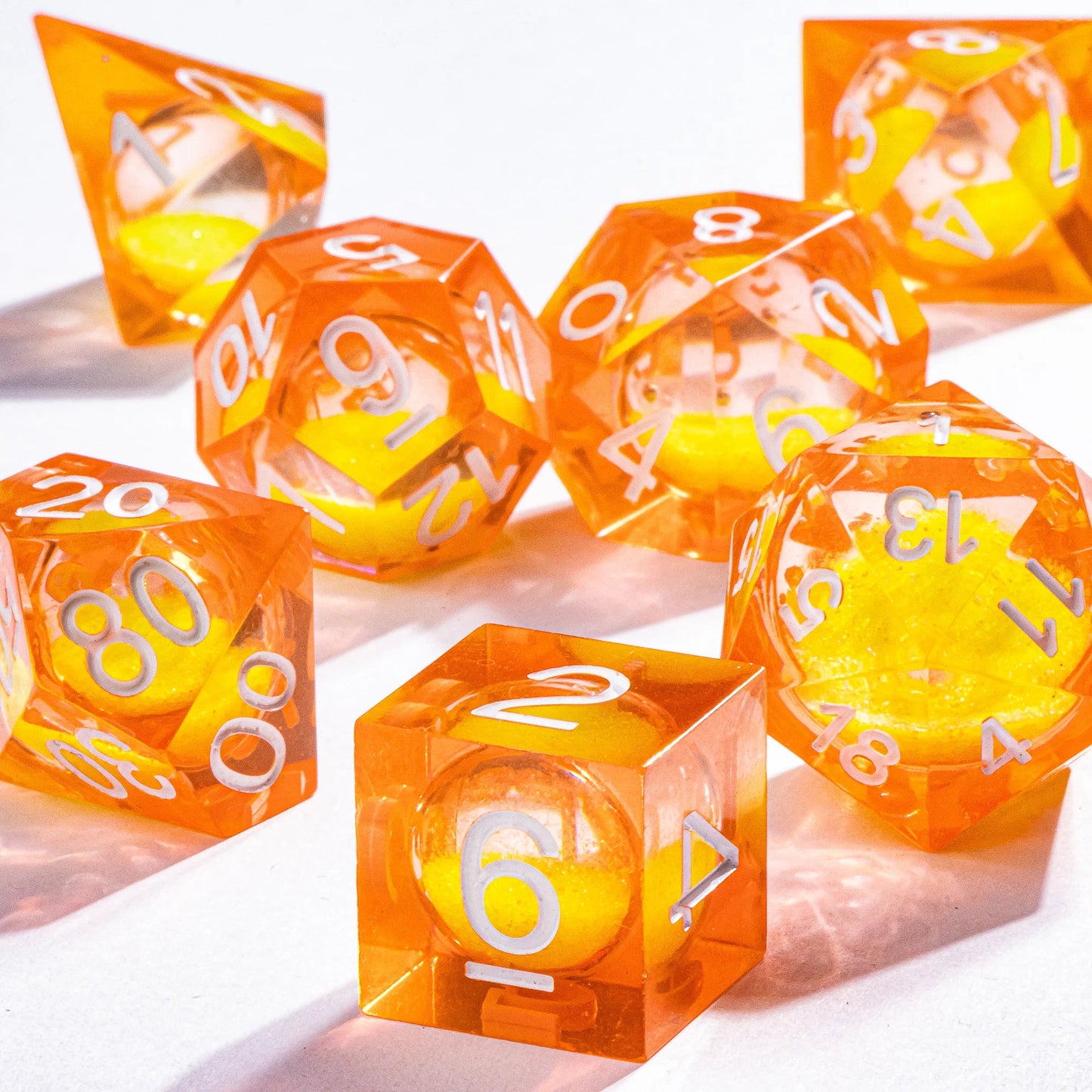 Orange Liquid Core DnD Sharp Edge Dice, Handmade Resin Polyhedral Dice Set for Dungeons and Dragons, Galaxy Dice Set, d d dice