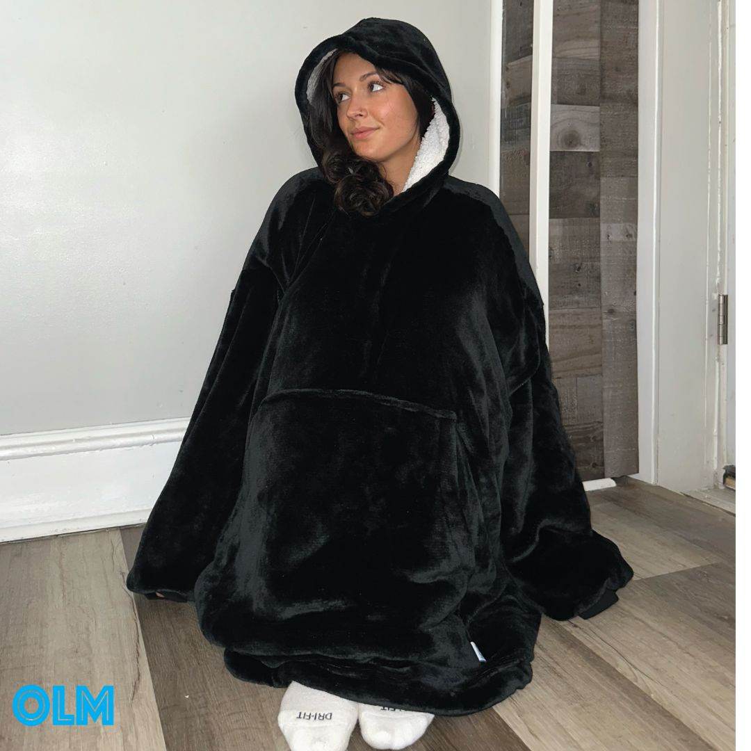 Original Oversized Microfiber & Sherpa Wearable Blanket Hoodie for Kids & Adults | OLM Toys - Black / adult