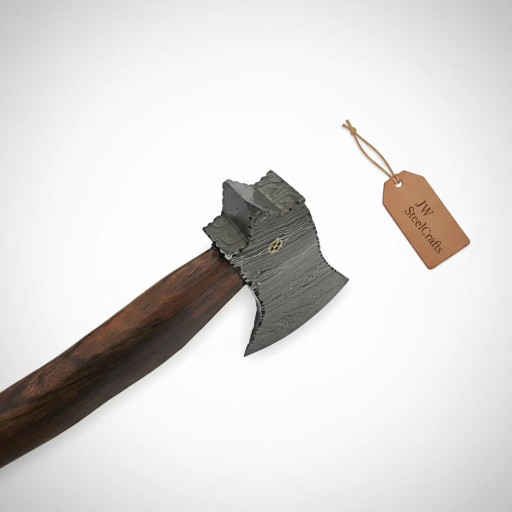 Damascus Camp Axe with Mosaic Pin, Leather Sheath, 19 Inch Rosewood Handle