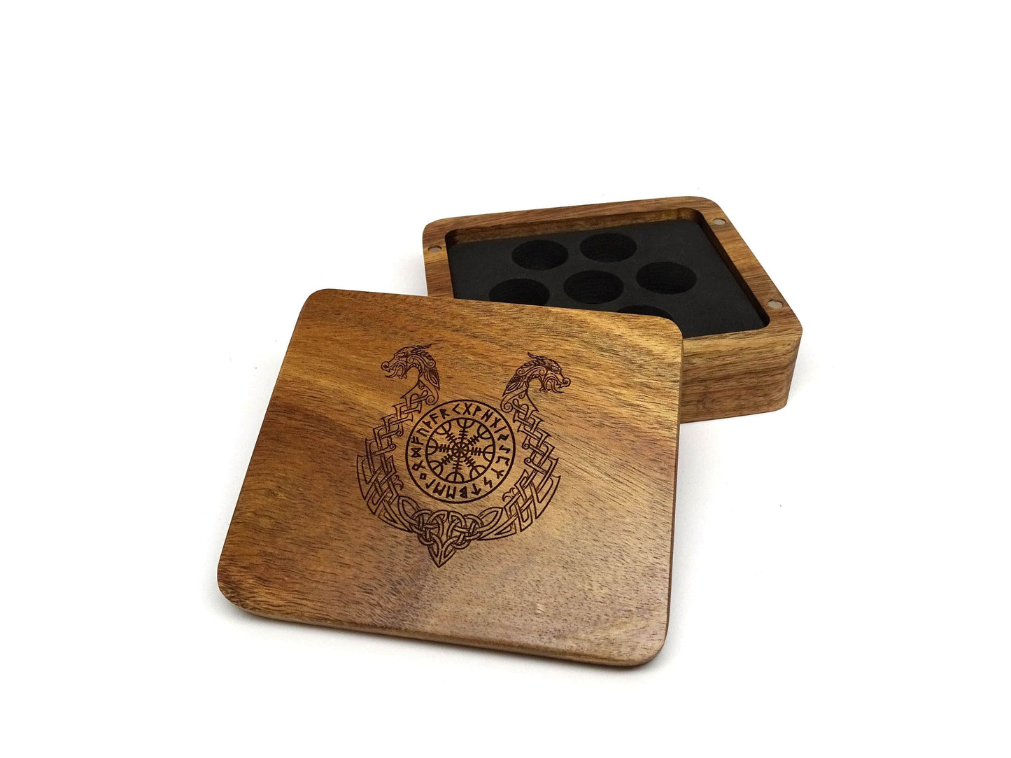 Ornate Helm of Awe Wooden Dice Case - Acacia Wood