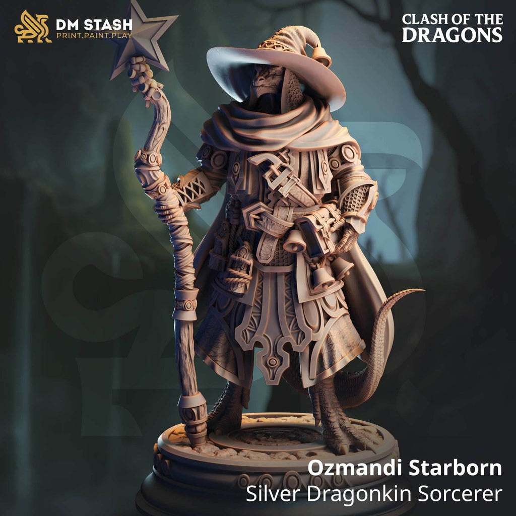 Ozmandi Starborn, Silver Dragonkin Sorcerer (Male Dragonborn Sorcerer) - 32mm Scale