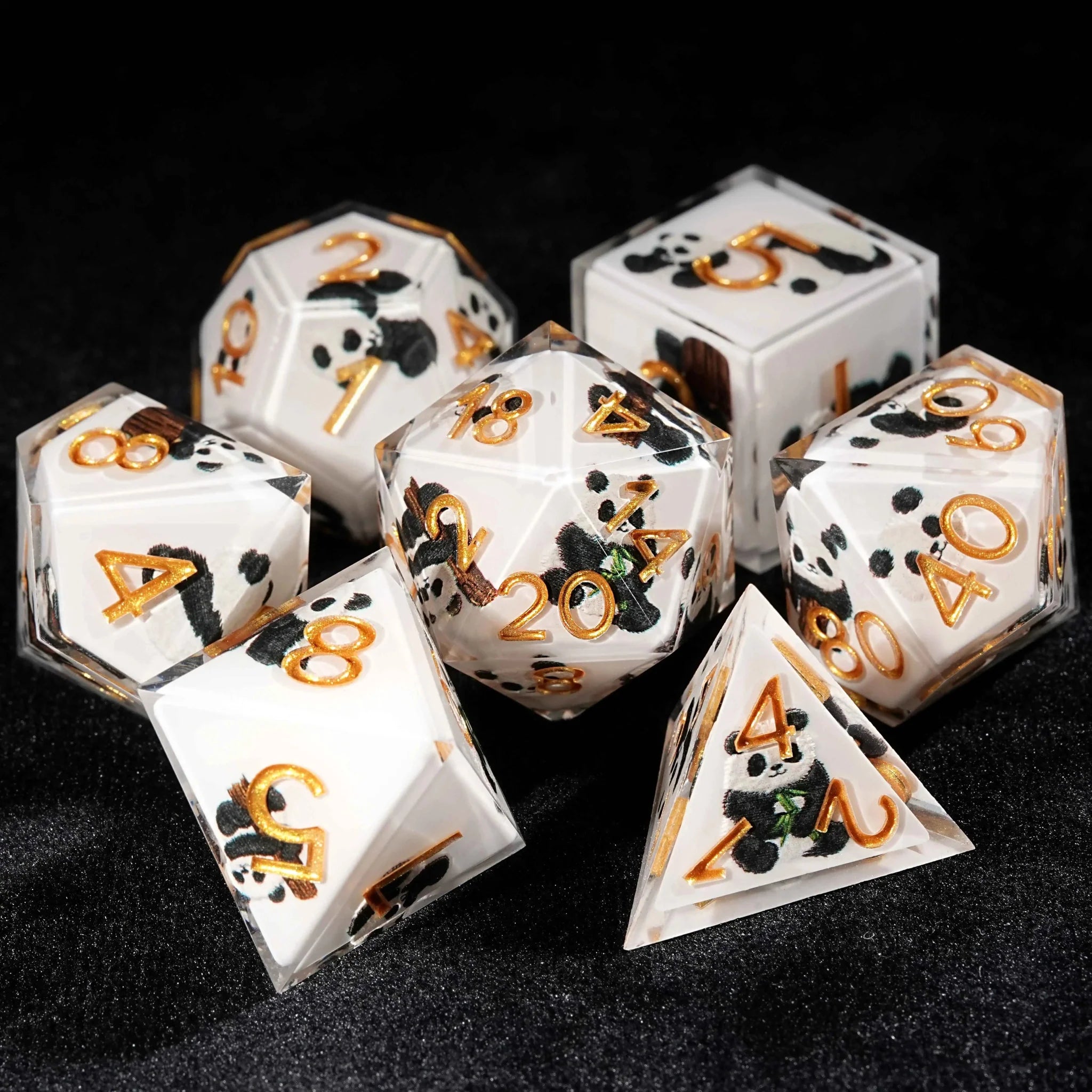 Panda Martial Monk - White Resin dnd Dice Set + Gold Font