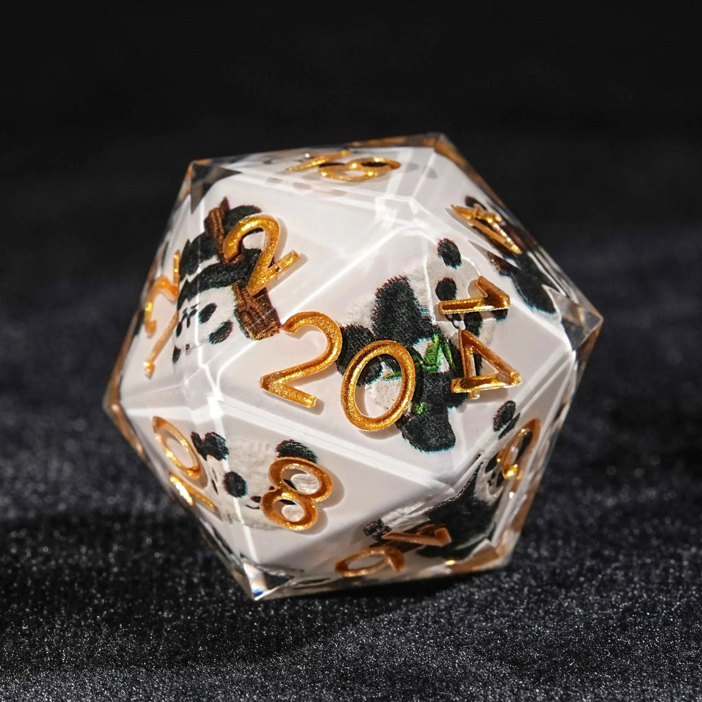 Panda Martial Monk - White Resin dnd Dice Set + Gold Font