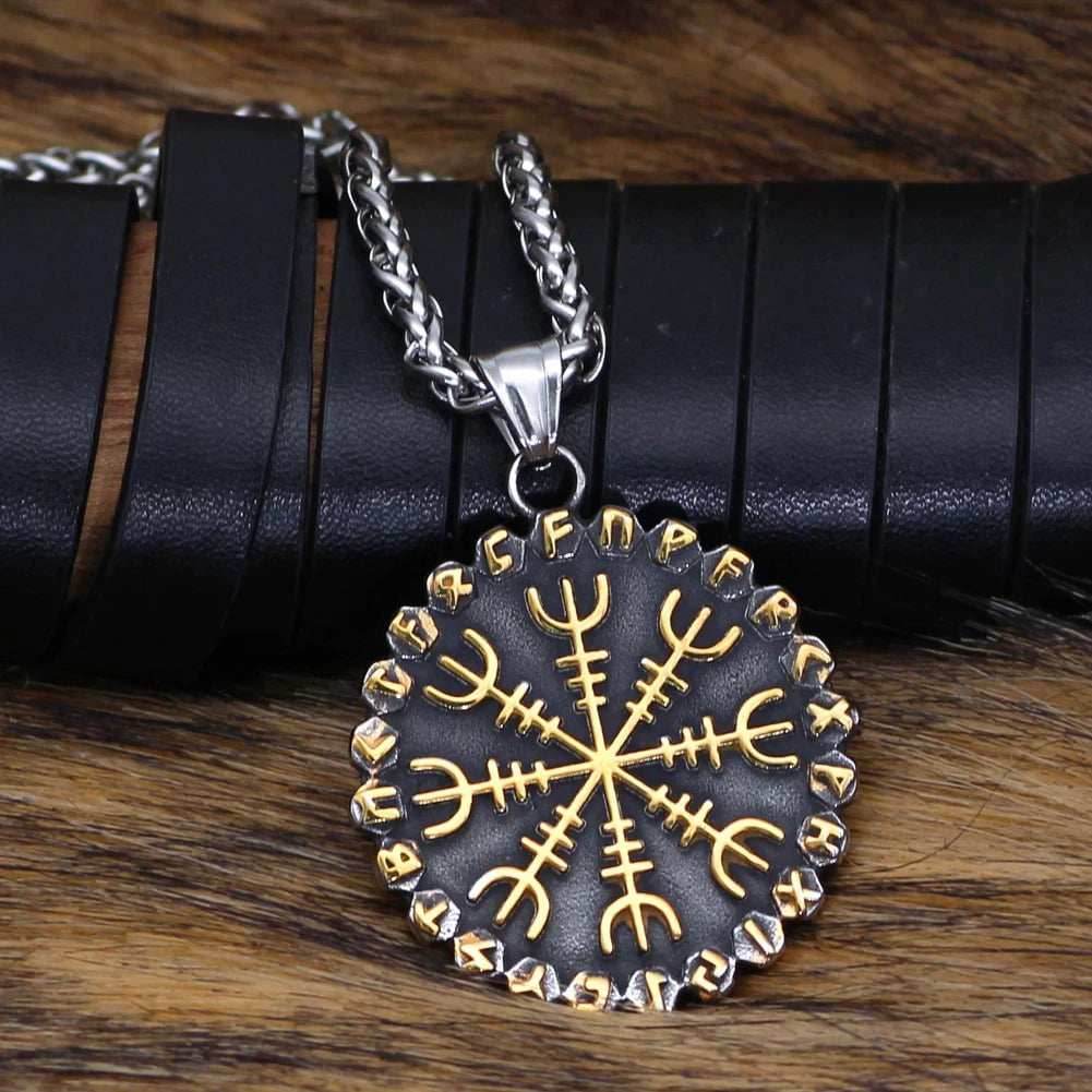 Vikings Helm of Awe Compass Rune Pendant Necklace - 
