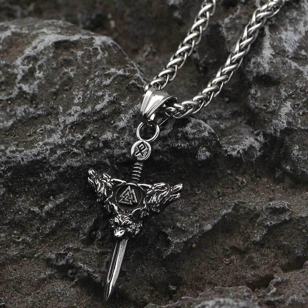 Vikings Sword Valknut and Rune Stainless Steel Necklace - 