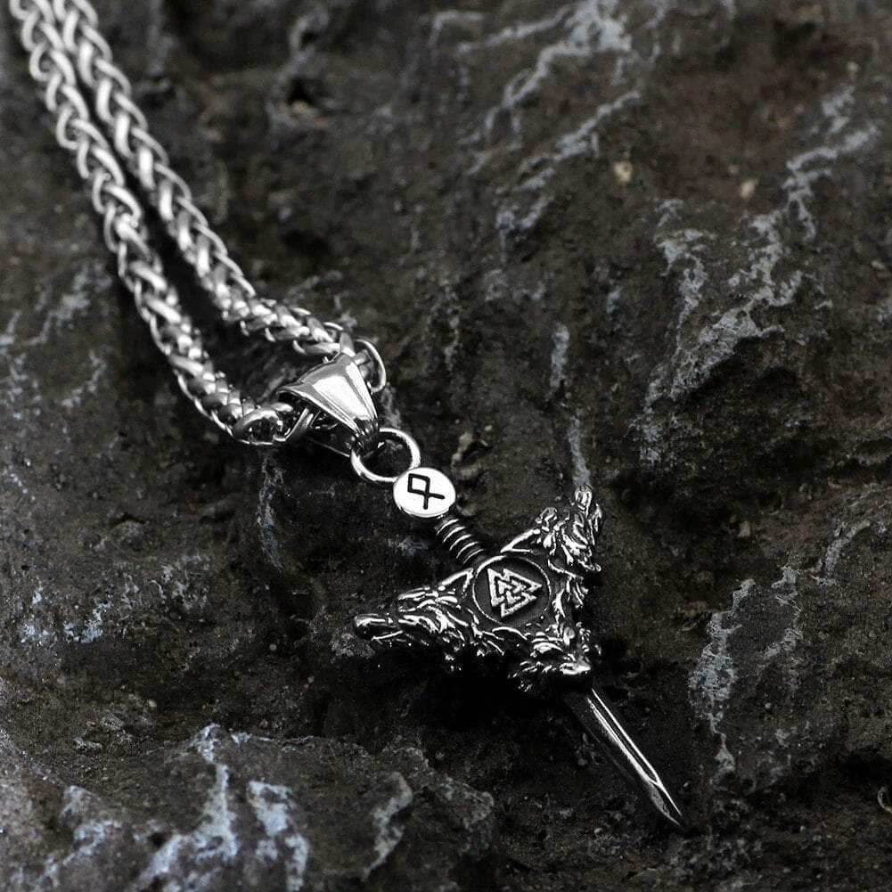 Vikings Sword Valknut and Rune Stainless Steel Necklace - 