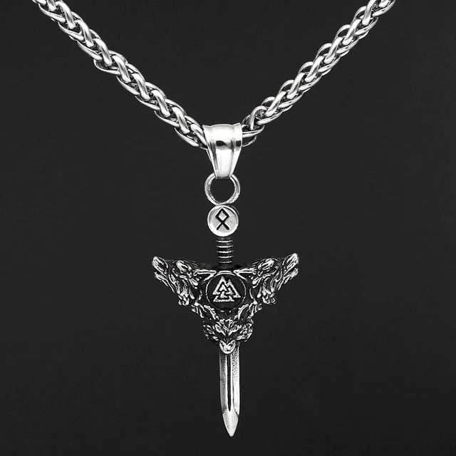 Vikings Sword Valknut and Rune Stainless Steel Necklace - 