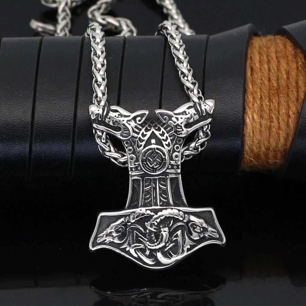 Vikings Wolf and Goat Head Mjolnir Pendant Necklace - 