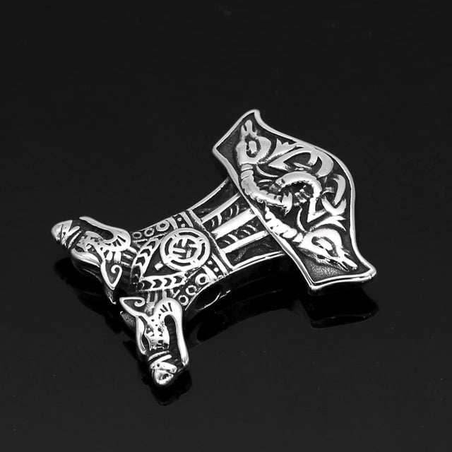 Vikings Wolf and Goat Head Mjolnir Pendant Necklace - 