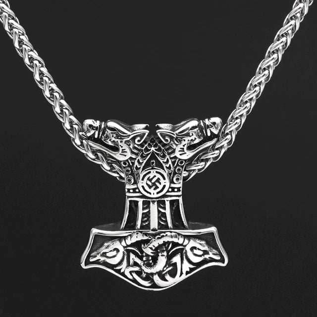 Vikings Wolf and Goat Head Mjolnir Pendant Necklace - 