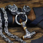 Vikings Wolf Head and Mjolnir Stainless Steel Necklace - 50 cm / Gold and Silver