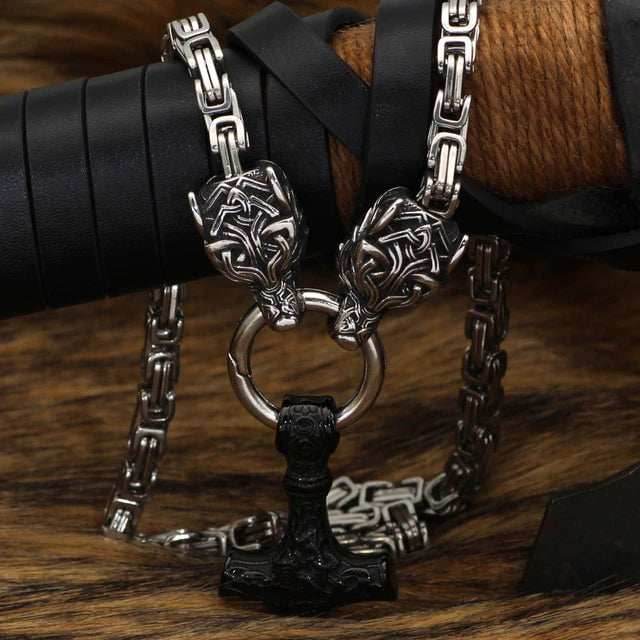 Vikings Wolf Head and Mjolnir Stainless Steel Necklace - 50 cm / Black-plated