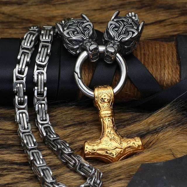 Vikings Wolf Head and Mjolnir Stainless Steel Necklace - 50 cm / Gold-plated