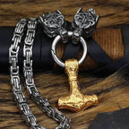 Vikings Wolf Head and Mjolnir Stainless Steel Necklace - 50 cm / Gold-plated