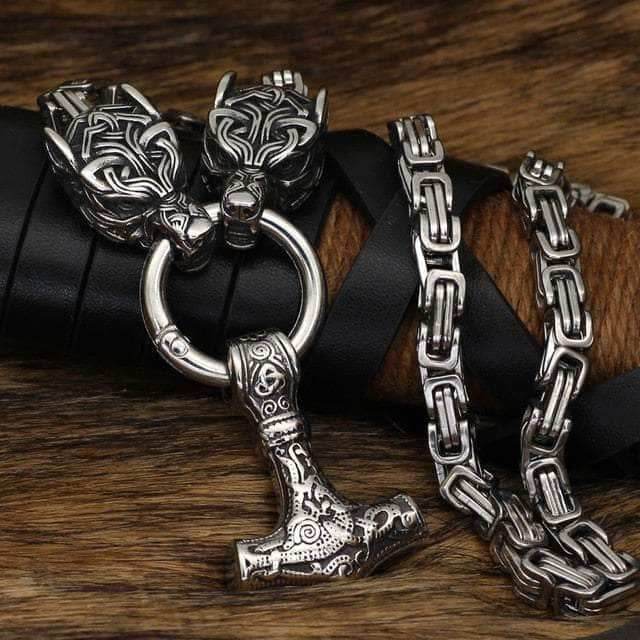 Vikings Wolf Head and Mjolnir Stainless Steel Necklace - 50 cm / Steel
