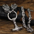Vikings Wolf Head and Mjolnir Stainless Steel Necklace - 50 cm / Steel