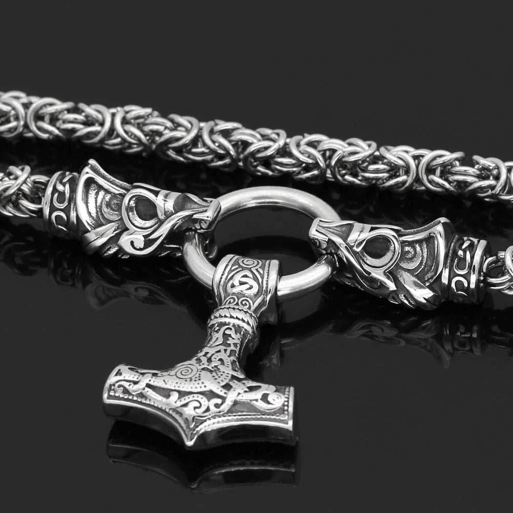 Vikings Mjolnir in Dragon Head Stainless Steel Necklace - 50 cm