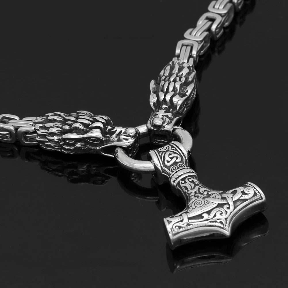 Vikings Dragon Head Mjolnir Stainless Steel Necklace - 