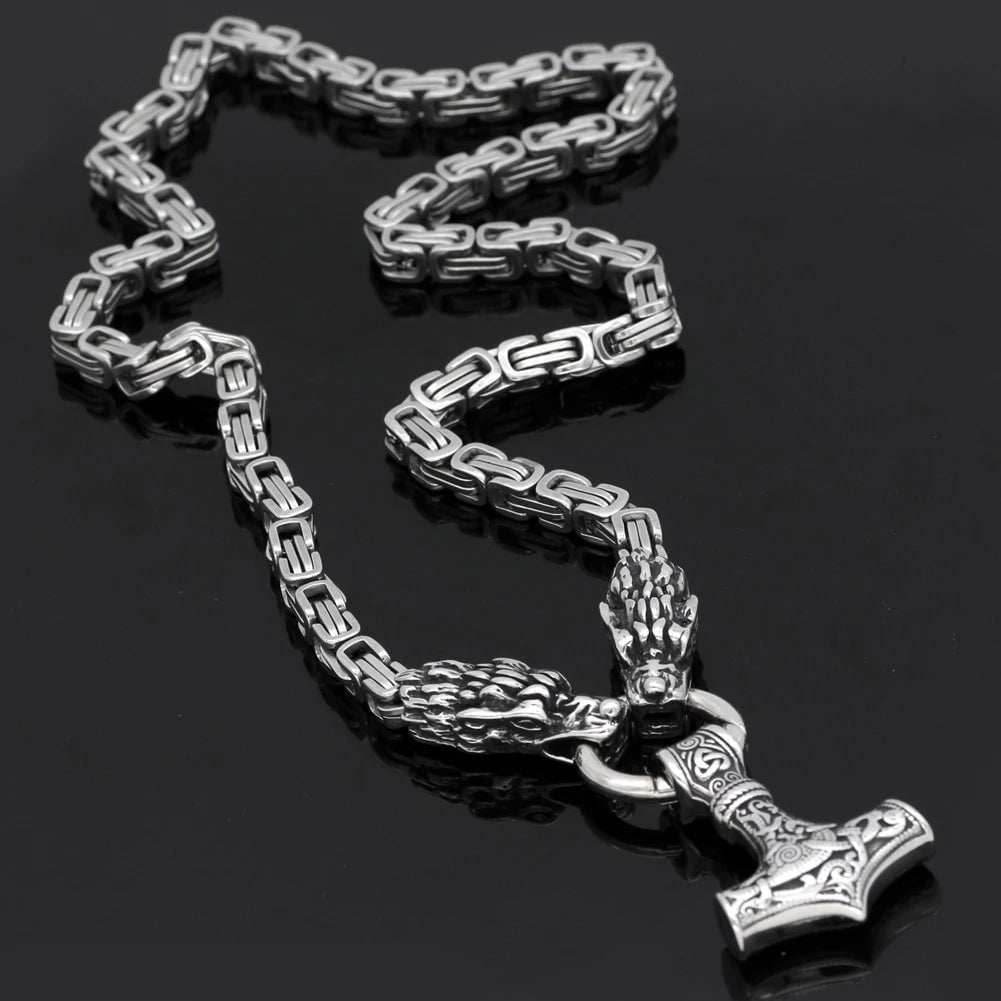Vikings Dragon Head Mjolnir Stainless Steel Necklace - 