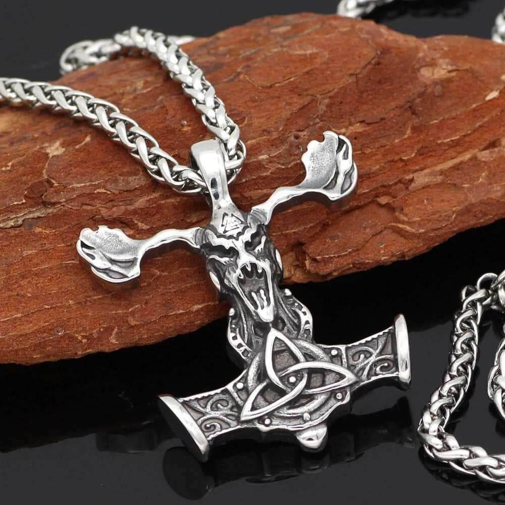 Vikings Goat Skull Mjolnir Stainless Steel Necklace - 