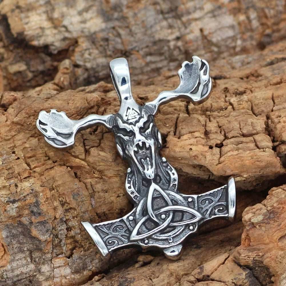 Vikings Goat Skull Mjolnir Stainless Steel Necklace - 