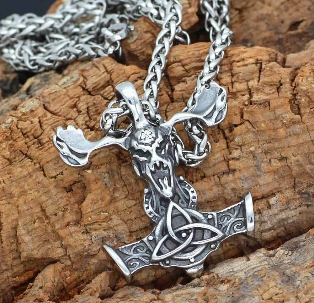 Vikings Goat Skull Mjolnir Stainless Steel Necklace - 