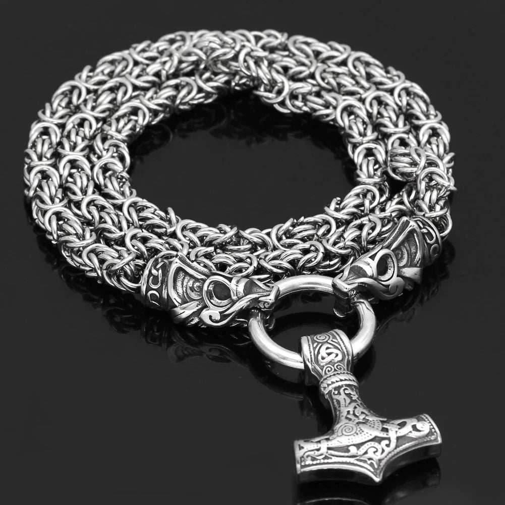 Vikings Mjolnir in Dragon Head Stainless Steel Necklace - 50 cm