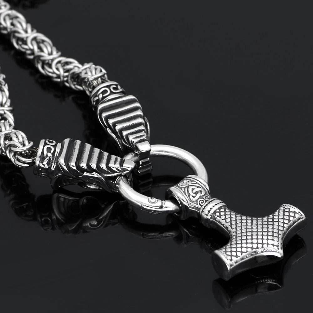 Vikings Mjolnir in Dragon Head Stainless Steel Necklace - 50 cm