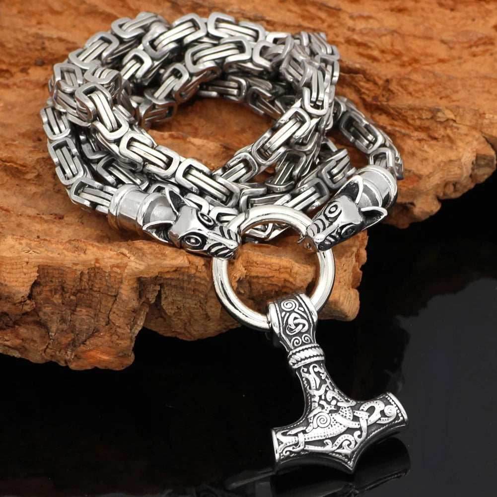 Vikings Mjolnir in Wolf Head Stainless Steel Necklace - 