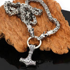 Vikings Mjolnir in Wolf Head Stainless Steel Necklace - 