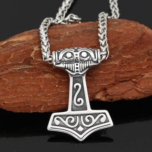 Vikings Thor Hammer Mjolnir Raven Head Stainless Steel Necklace - Metal Chain