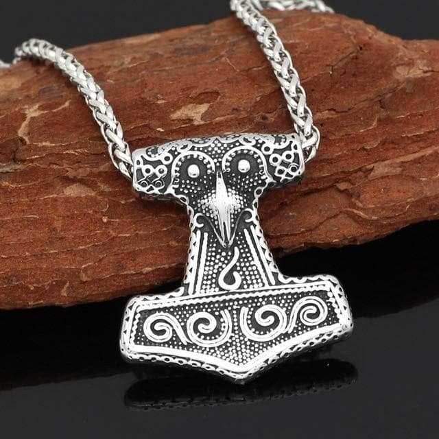 Vikings Thor Hammer Raven Knot Amulet Necklace - Metal Chain