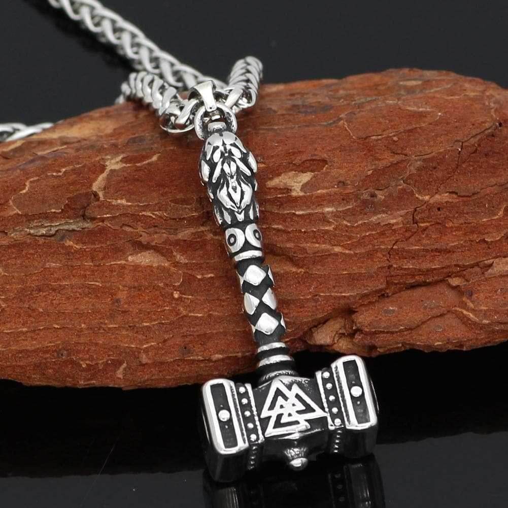 Vikings Valknut Thor Hammer Stainless Steel Necklace - 