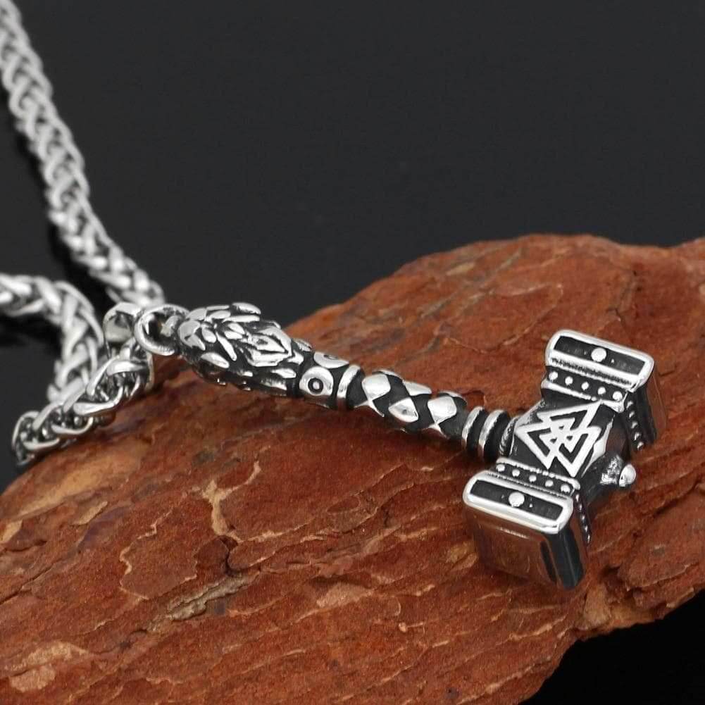 Vikings Valknut Thor Hammer Stainless Steel Necklace - 