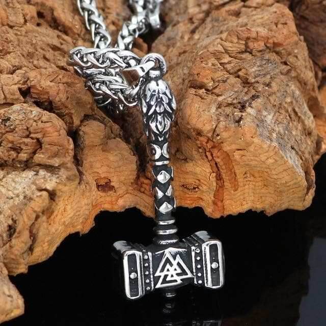 Vikings Valknut Thor Hammer Stainless Steel Necklace - 