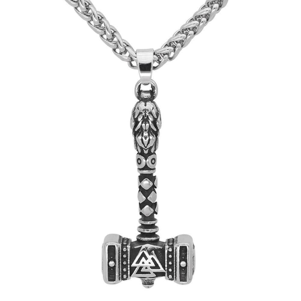 Vikings Valknut Thor Hammer Stainless Steel Necklace - 