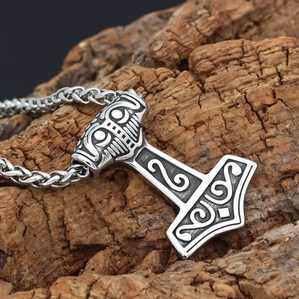 Vikings Thor Hammer Mjolnir Raven Head Stainless Steel Necklace - Metal Chain