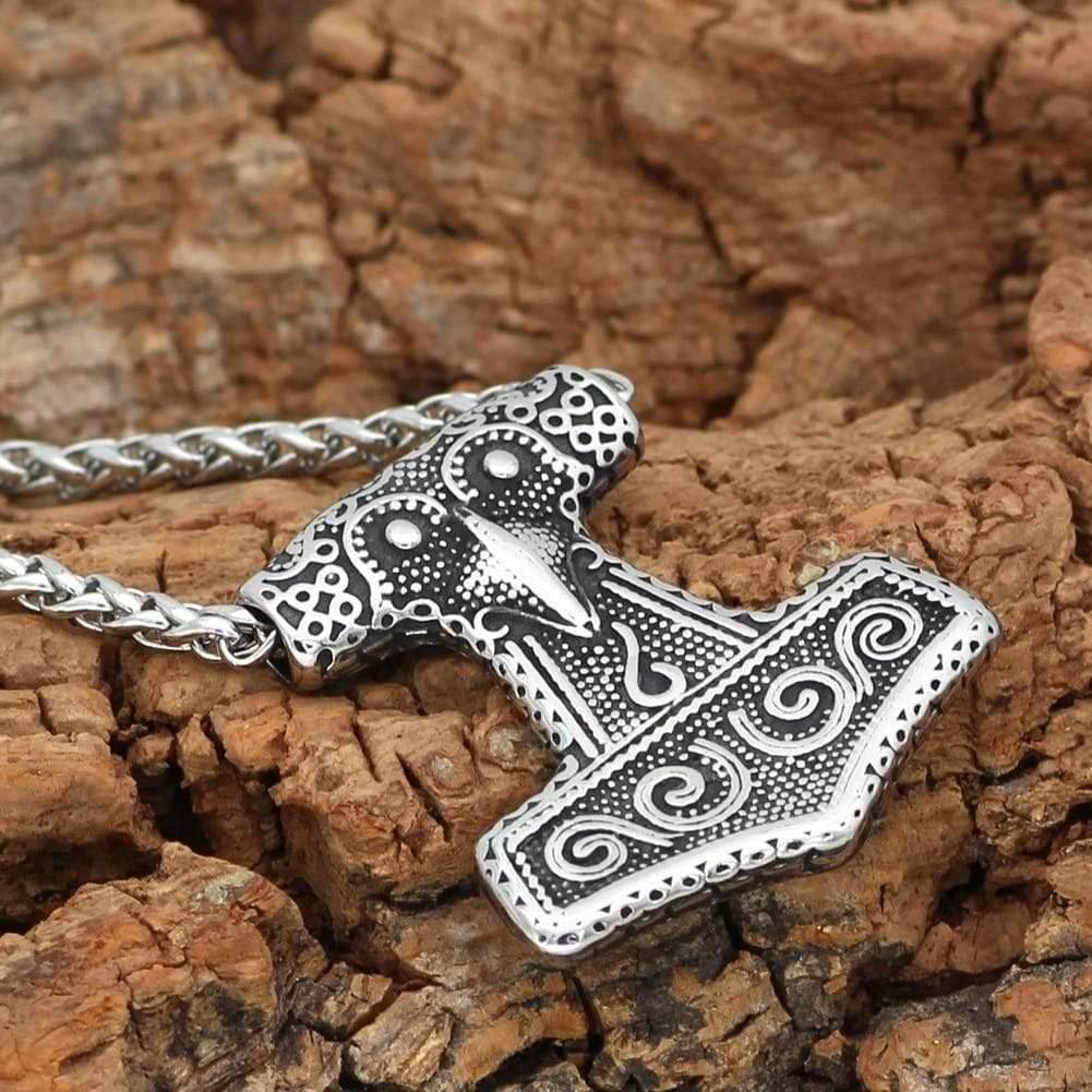 Vikings Thor Hammer Raven Knot Amulet Necklace - Metal Chain