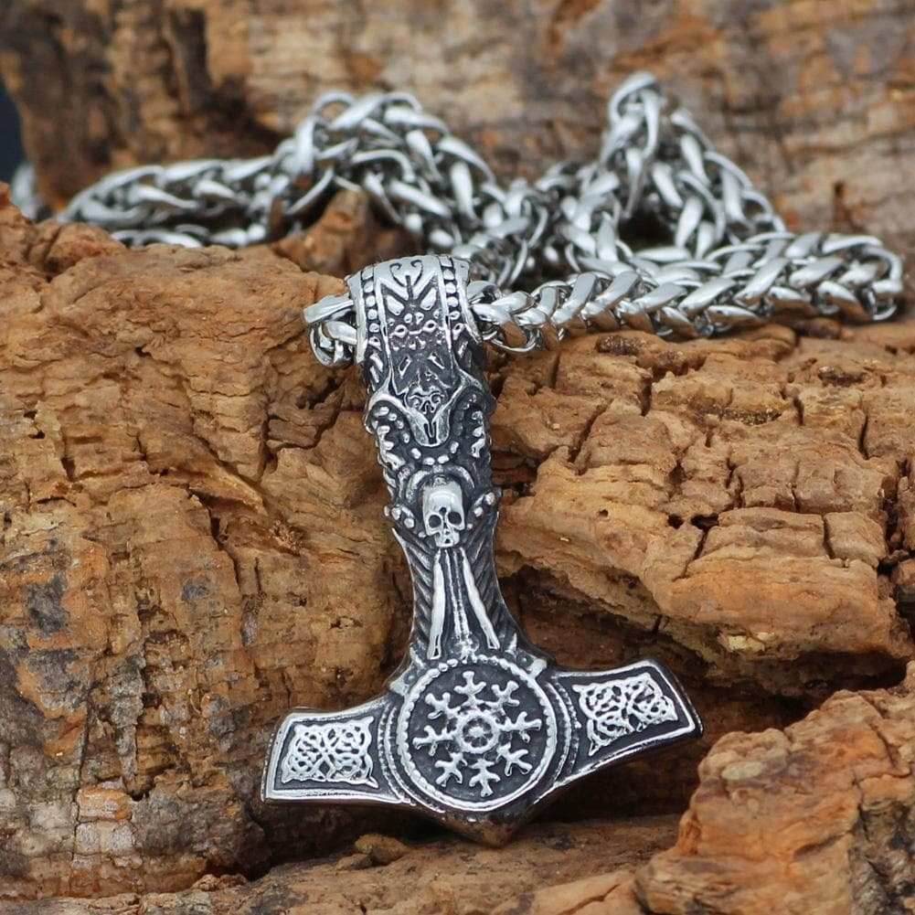 Vikings Skull Mjolnir Stainless Steel Necklace - 