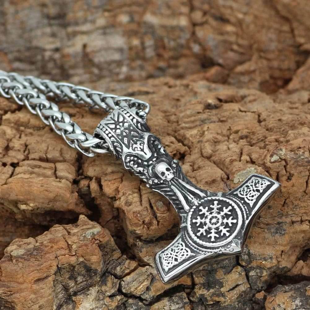 Vikings Skull Mjolnir Stainless Steel Necklace - 