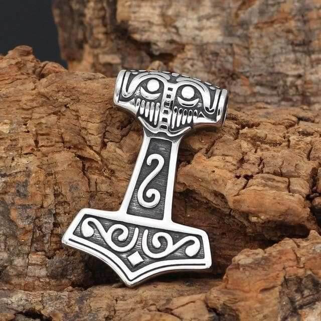 Vikings Thor Hammer Mjolnir Raven Head Stainless Steel Necklace - Pendant