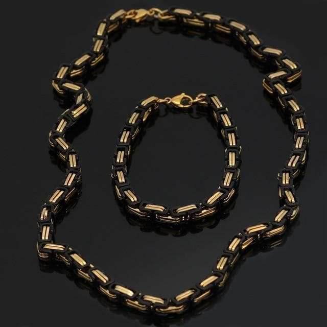 Viking Stainless Steel King Chain + Bracelet - 50 CM / 20 INCHES / Gold & Black / 23 CM / 9 INCHES