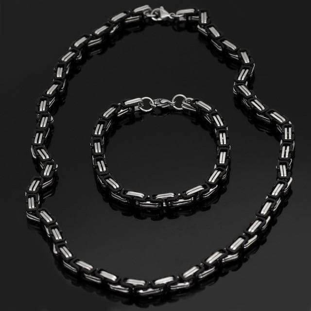 Viking Stainless Steel King Chain + Bracelet - 50 CM / 20 INCHES / Silver & Black / 23 CM / 9 INCHES